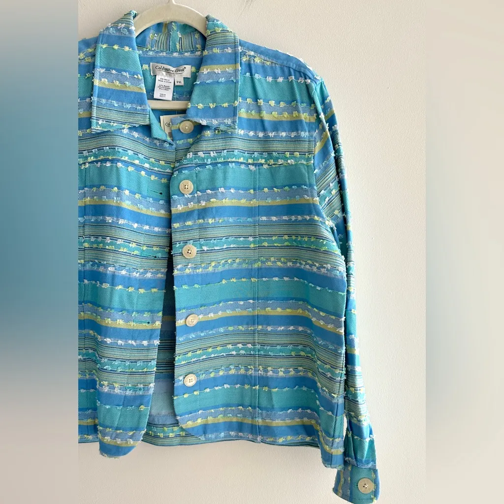 Coldwater Creek Blue/Green Boucle Striped Button Down Jacket, Size PXL - Image 4