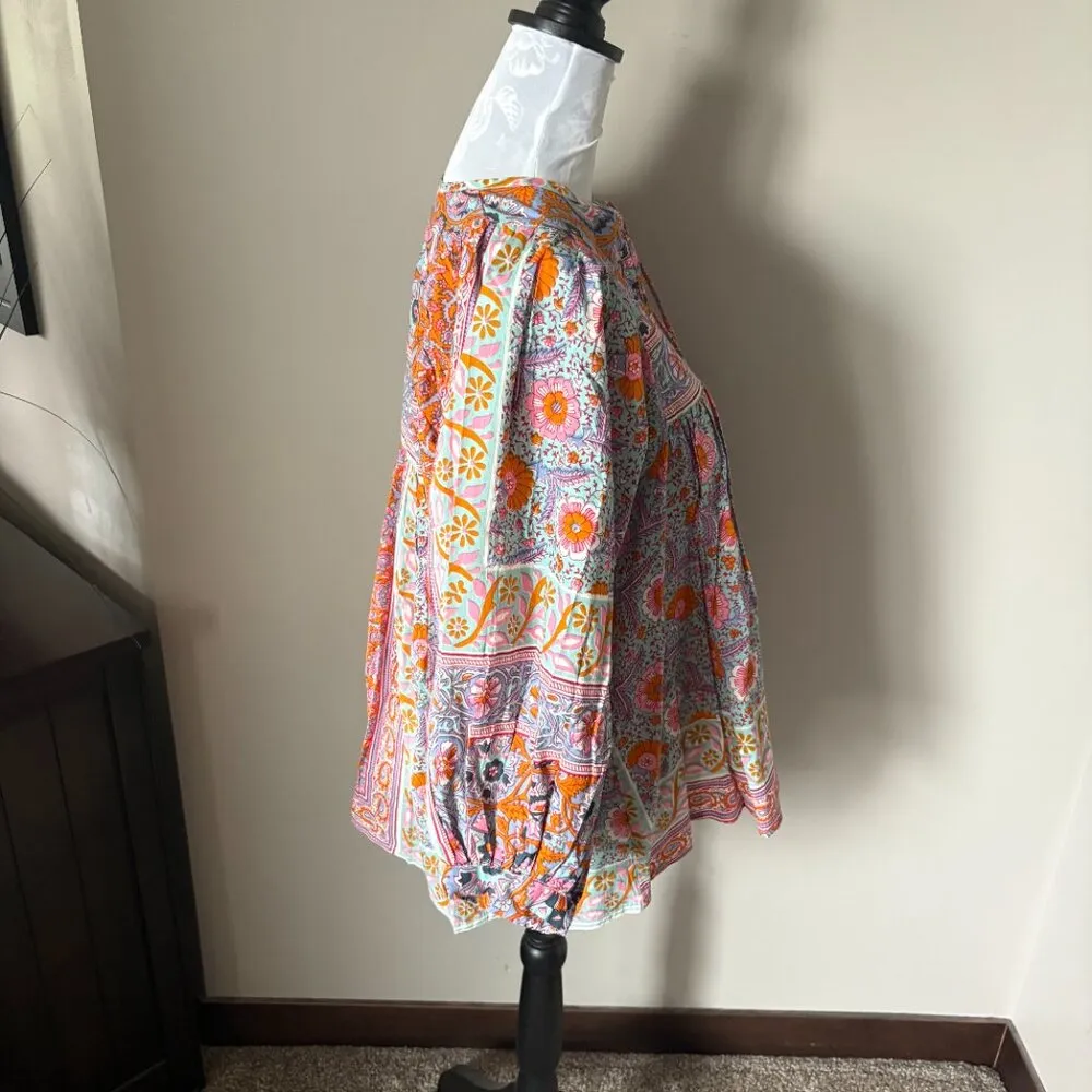 Mille Resort Travel Boho Balloon Puff Sleeve Top Colorful Small W/ Tassels Pink - Image 7