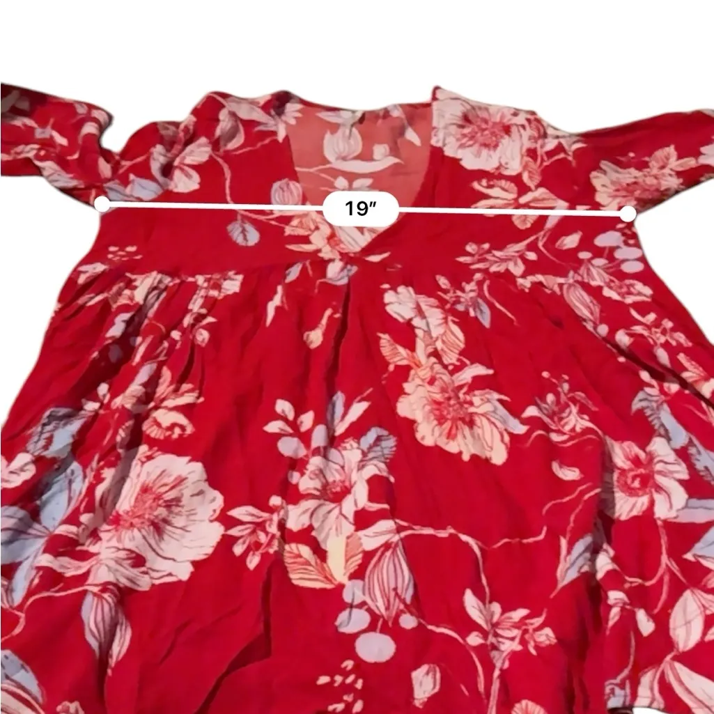 Free People Bella Red & White Floral‎ Print Long Sleeve V Neck Tunic Top Sz S - Image 8