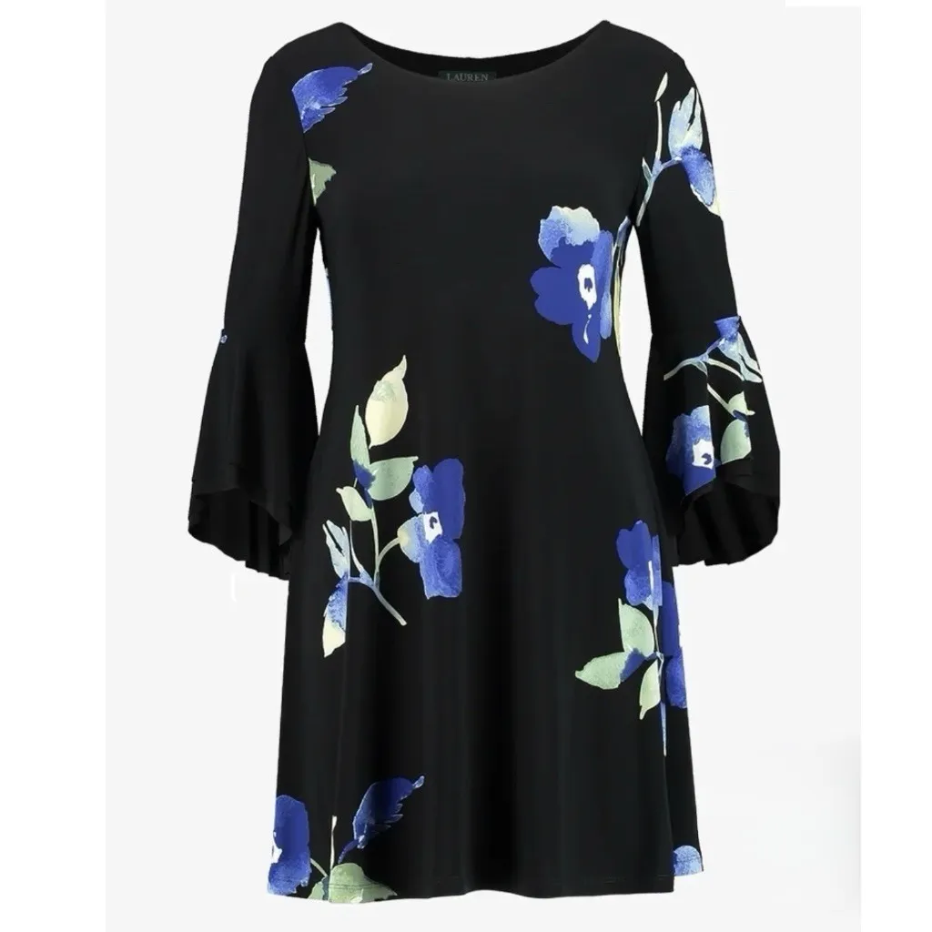 Ralph Lauren Blue Floral Bell Sleeve Stretch Jersey‎ Shift Dress Size 14 - Image 7