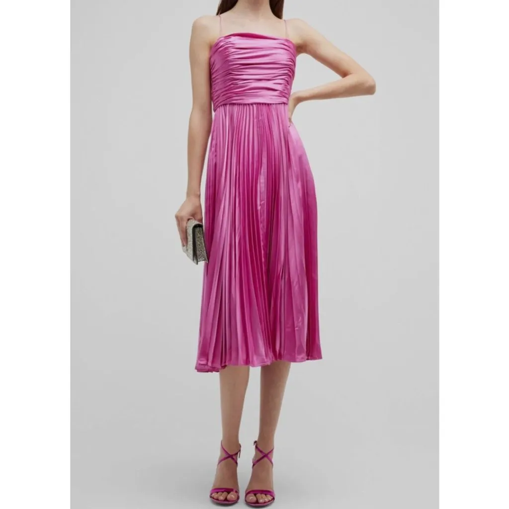 New AMUR Heba Pleated Satin Midi Dress Pink Square Neck A - Image 11