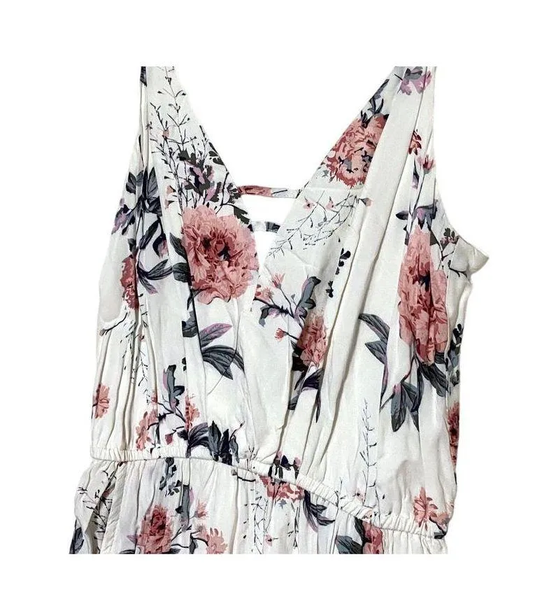 Charlotte Russe Maxi Dress Roses Floral Lined Rayon V Neck White Pink Small S - Image 2