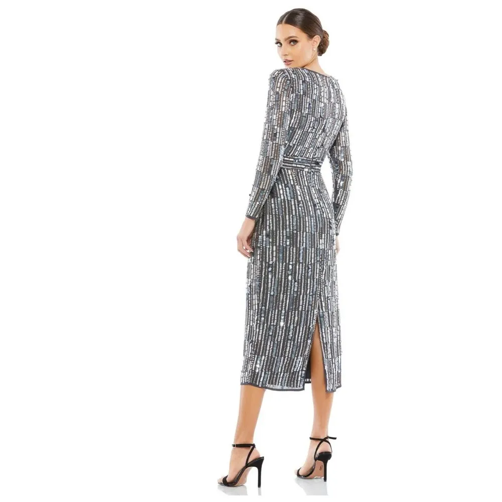 Mac Duggal Size 14 $598 NWT Embellished High Neck Long Sleeve Midi Dress Gray - Image 2