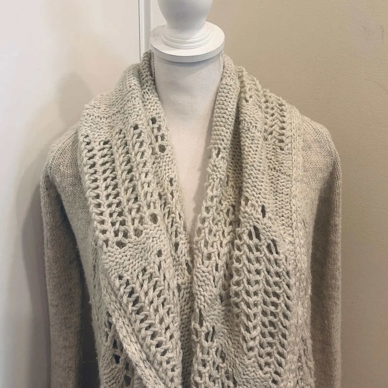 Y2K Cache Beige Crochet Open Shawl Collar Tunic Cardigan Boho Fairy Lagenlook S - Image 5