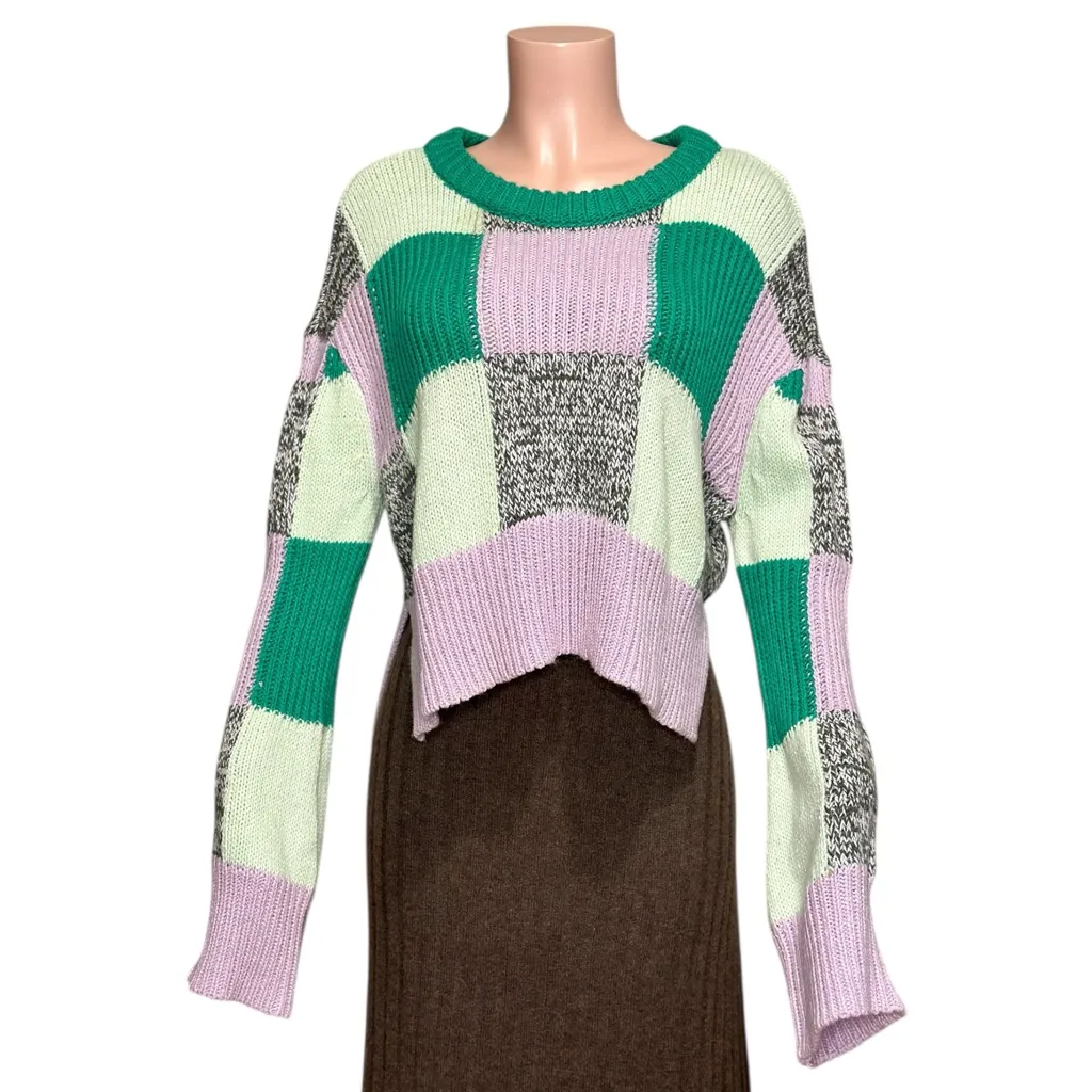 FOR LOVE & LEMONS Finley Oversized Sleeves Cropped Knit Sweater,Green Check, XXS - Image 5