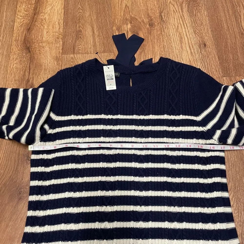 Talbots Womens Navy Blue Cream Striped Bell Sleeve Sweater Dress Bow Medium Warm - Image 7