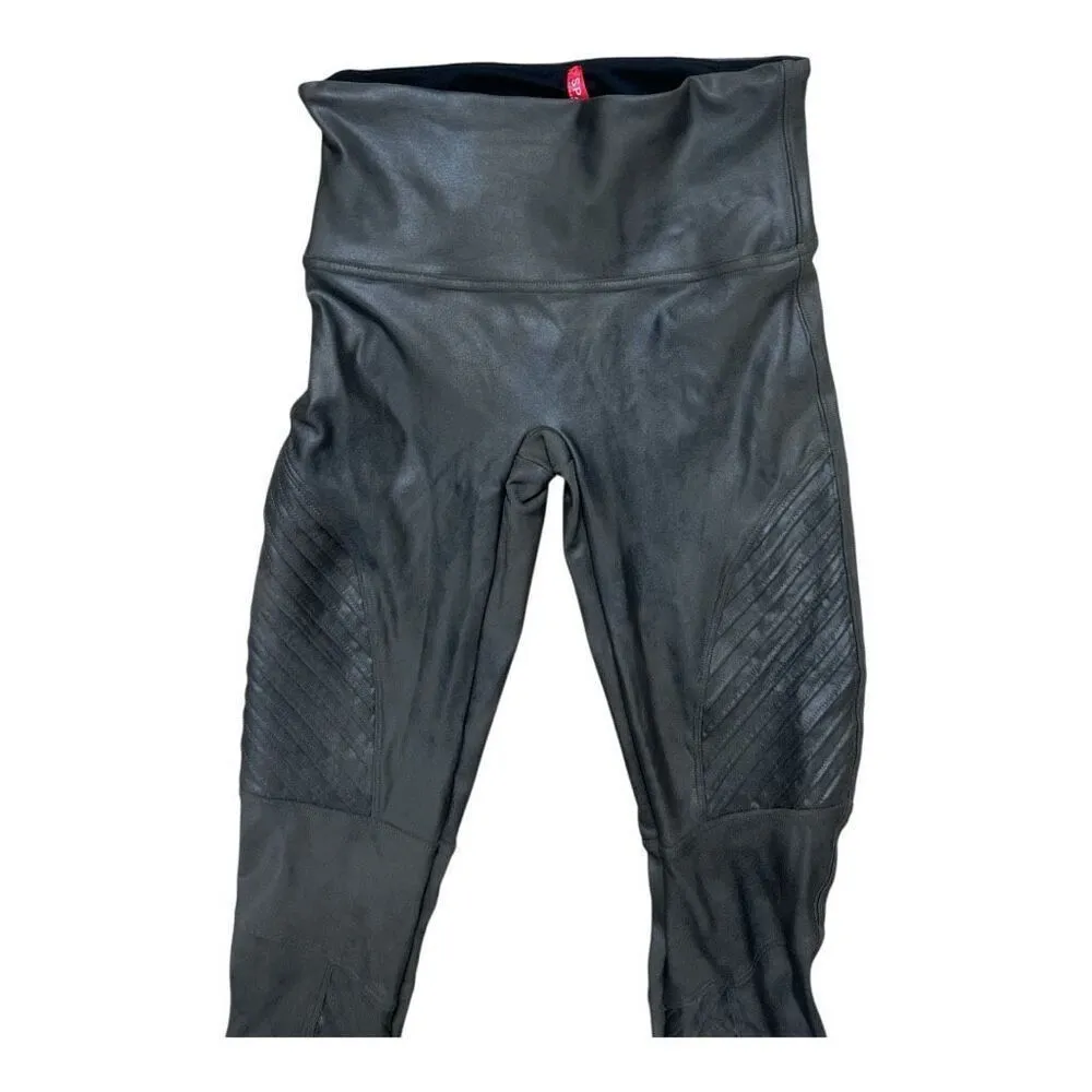 Spanx Faux Leather Women Grey Ribbed Moto Stretch Ankle Leggings Sized M - Image 3