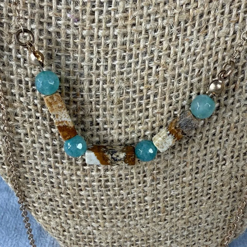 Layered Turquoise Brown Colors Stone Beaded Necklace Gold Tone Chain and Pendant - Image 5