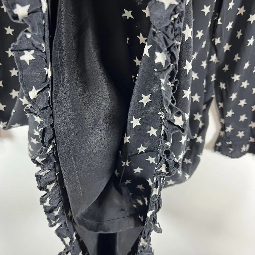 J.Crew Collection 100% Silk Black‎ Star Print Ruffle Trim Long Sleeve Dress Sz 2 Black - Image 5