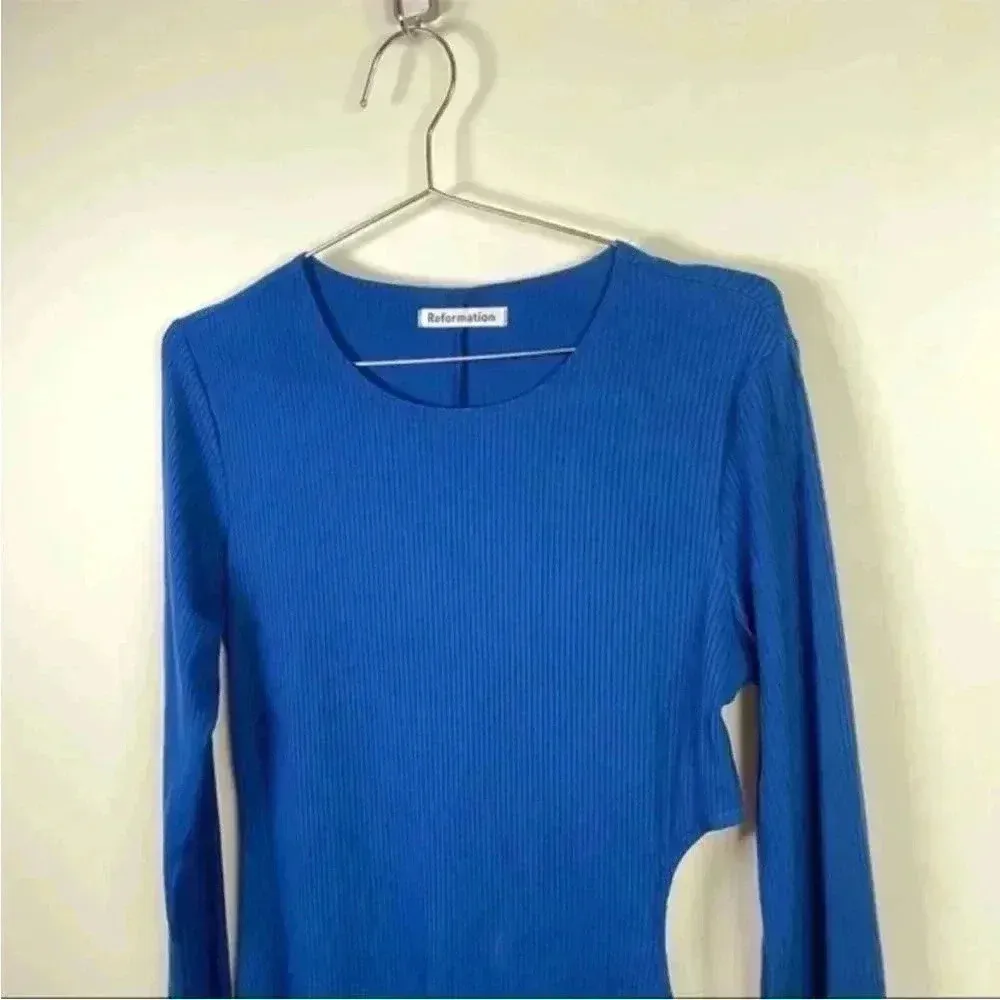 Reformation‎ Blue Cutout Ribbed Long Sleeve Mini Dress - Image 4