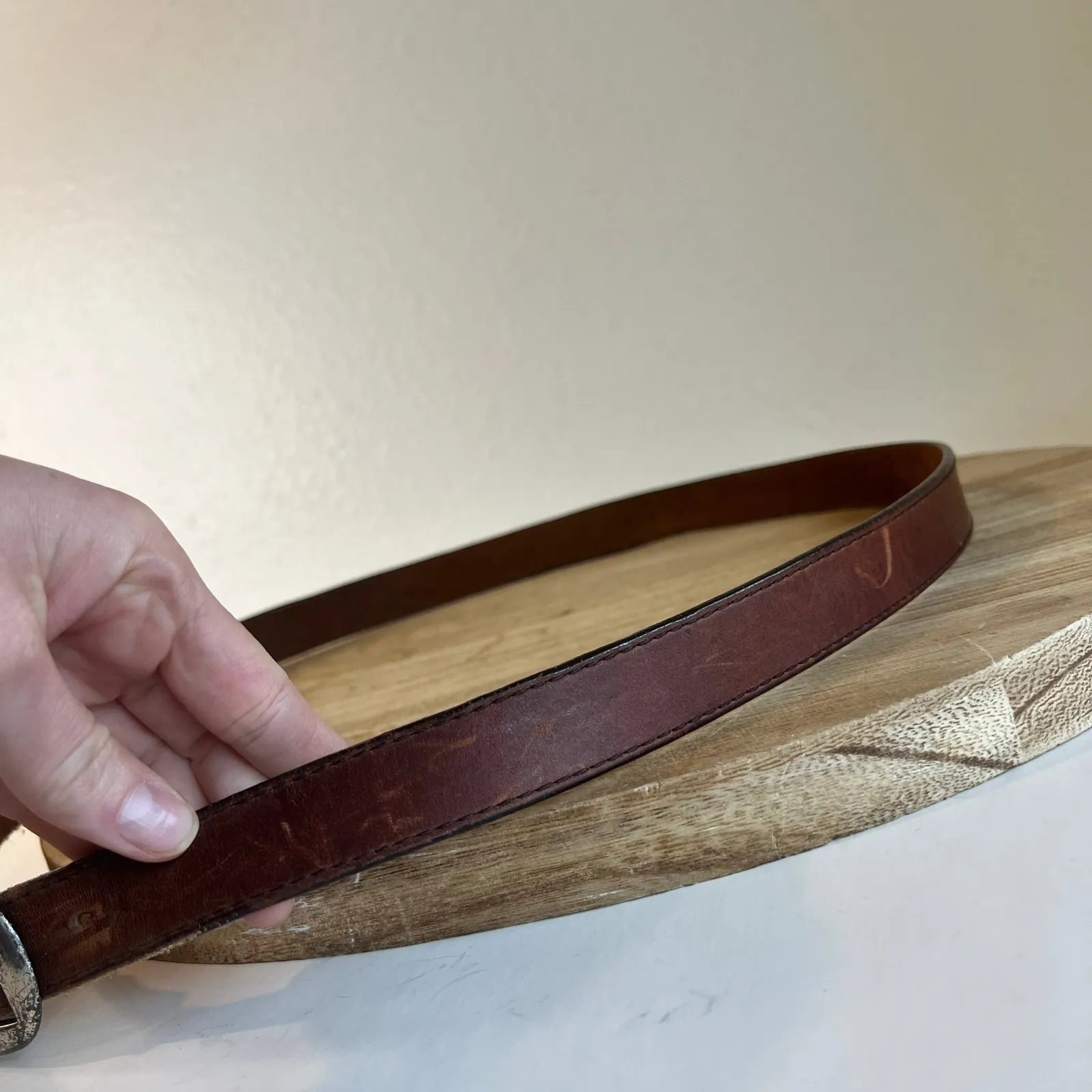 1995 Brown Distressed Genuine Leather Silver Solid Brass Buckle Belt Size Large - Image 6