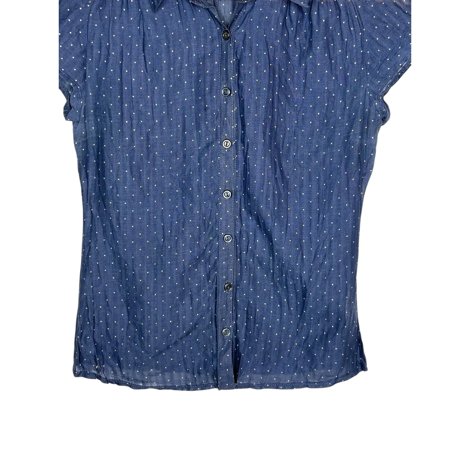 H&M Blue Micro Polka Dot Short Sleeve Button Down Shirt Semi Sheer Women Size 6 - Image 4