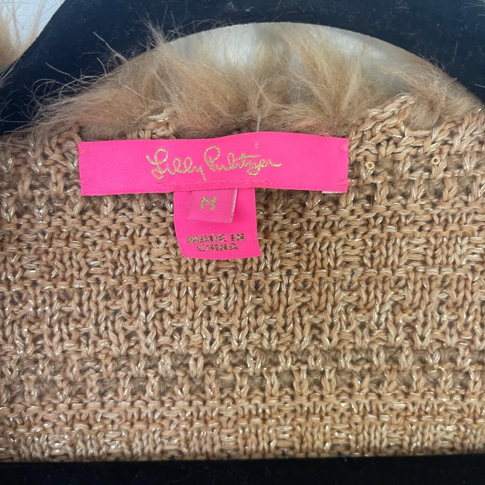 Lilly Pulitzer $198 Tan Knit Faux Fur Trim Preona Cardigan Jacket Sweater Medium - Image 5