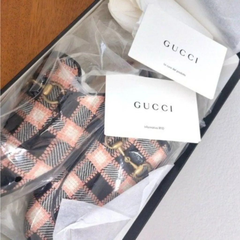 NIB Gucci Princetown Bit Logo Loafer 36 Fancy Tweed Damier Black Pink Mule 6 - Image 2