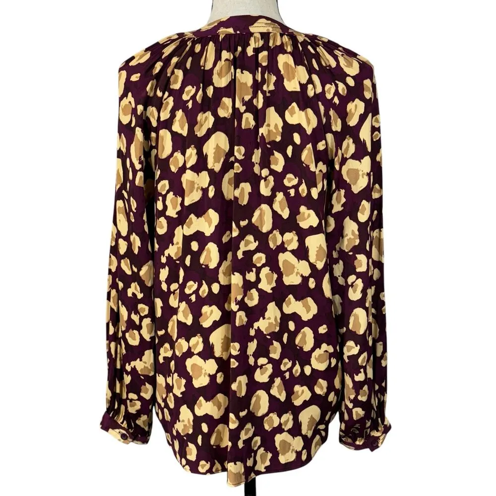 Nine West Medium Top Leopard Print Tie Keyhole V-Neck Long Balloon Sleeve Plum - Image 5