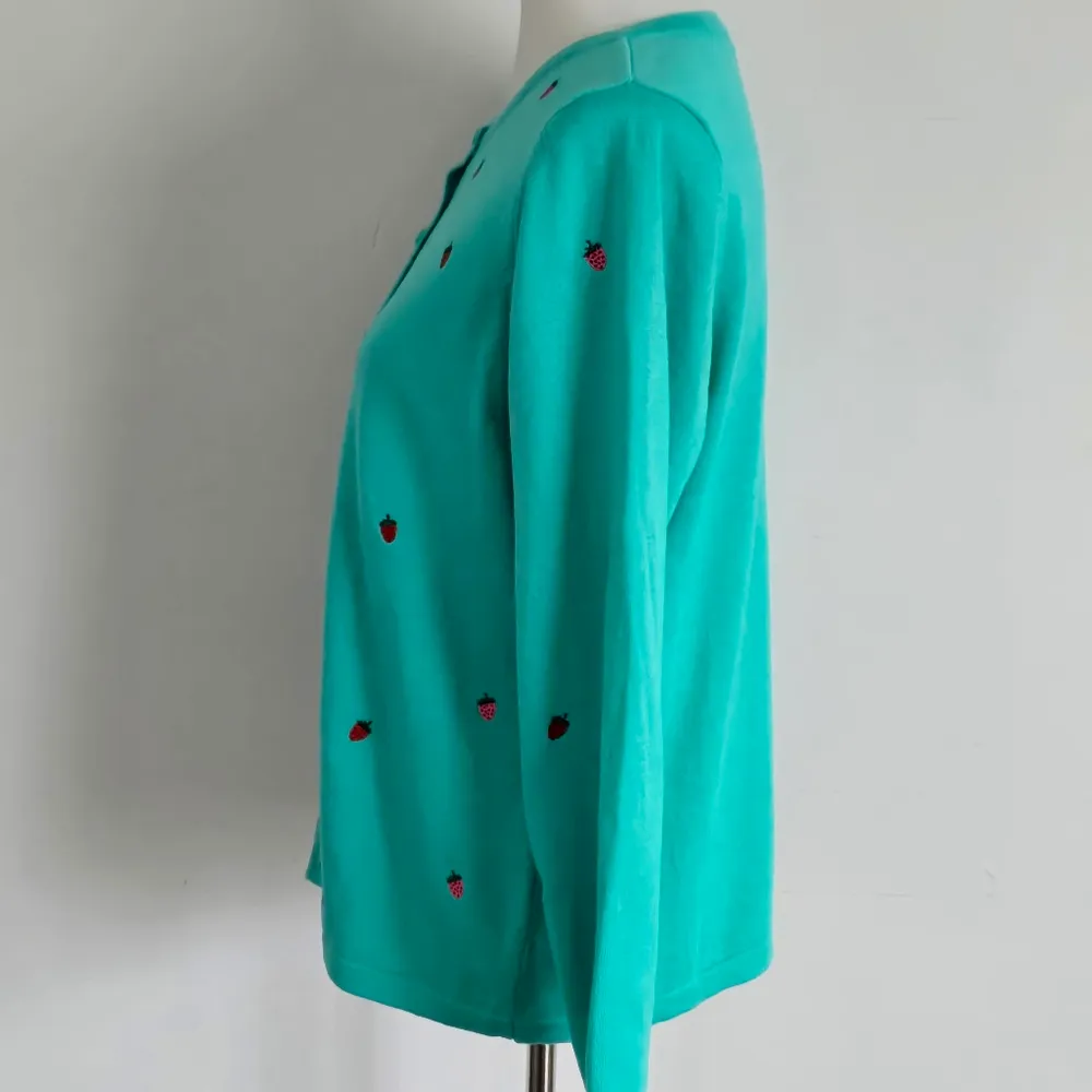 Christopher & Banks Soft Turquiose Strawberry Embroidered Cardigan Size Large - Image 4