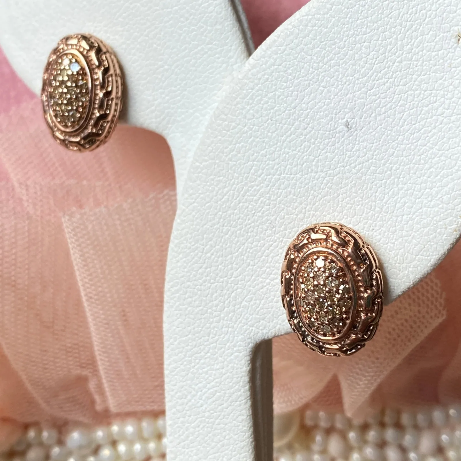 Vintage Rose Gold Tone 925 J China Oval Earrings Pave Stud Earrings Glam Chic - Image 3