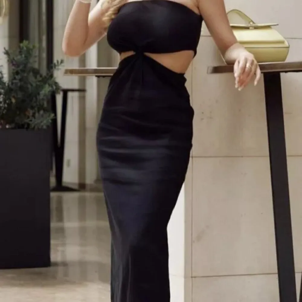 Zara Black Linen Blend Strapless Twist Front Cut Out Midi Dress XS - Image 5