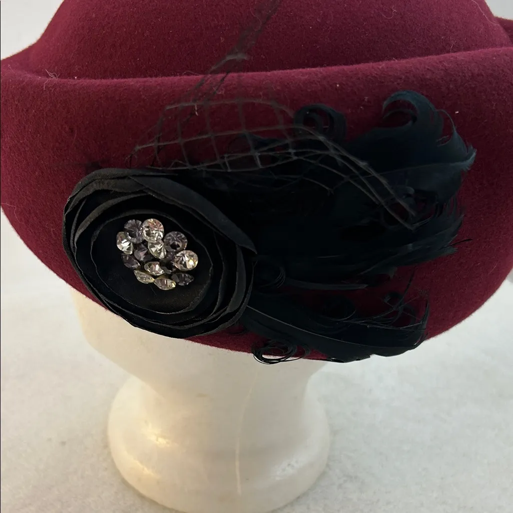 Maroon Wool Beret – Classic Flower & Feather Detail Red - Image 5