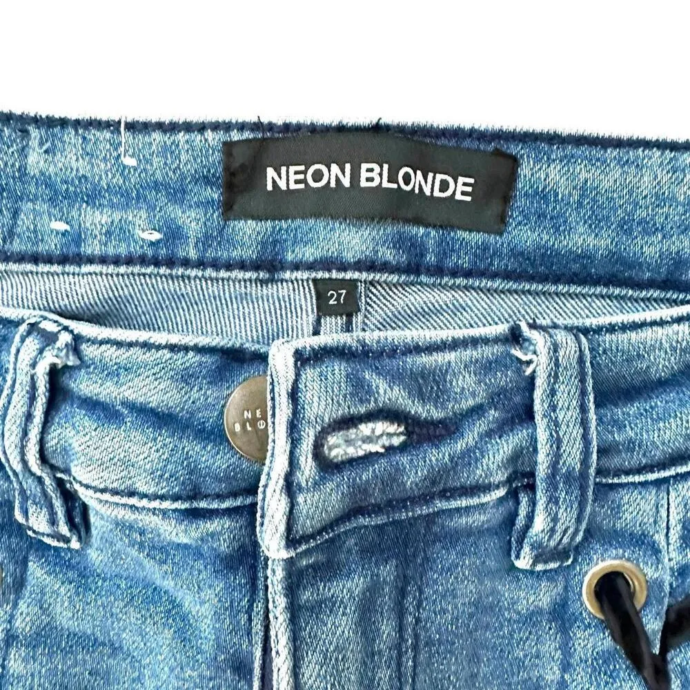 Neon Blonde Lace Up Skinny Jeans Blue Size 27 - Image 4