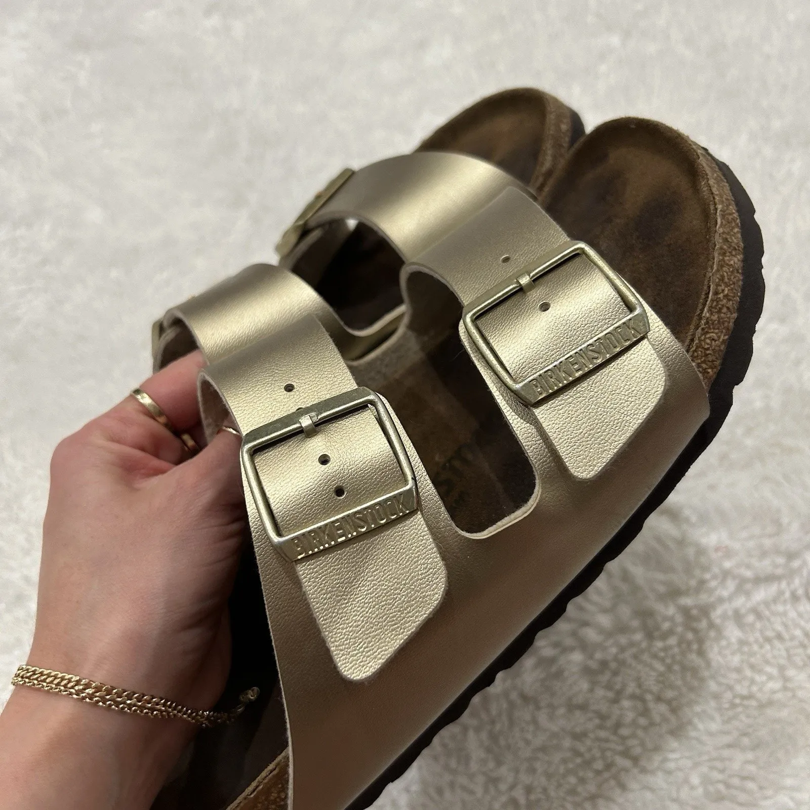 Birkenstock Arizona Double Strap Gold Sandals 37 Women’s 6 Slip On Preppy Summer - Image 6