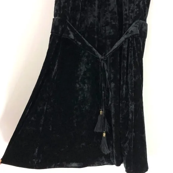 New  Crushed Velvet Tassel Tie Waist Dress Sleeveless Mini Black - Image 7