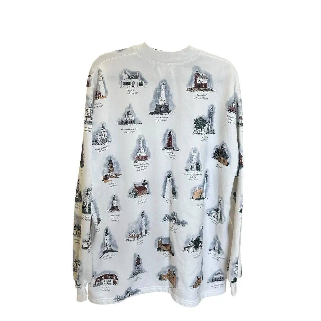 Vintage Nautical Lighthouse Fleece Button M/L Coastal Granny Cottagecore Sweater White Size undefined - Image 2