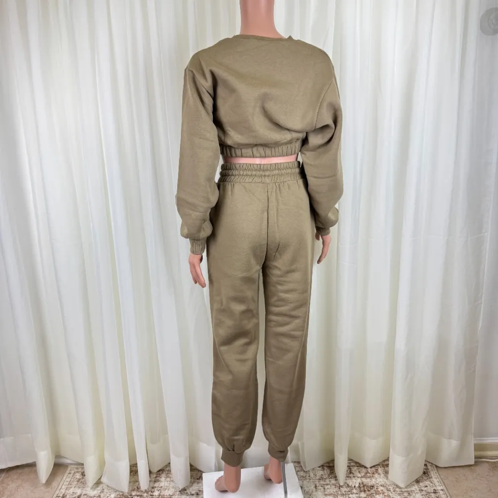 Zenana 2 Pcs Crop Sweatshirt Tracksuit Jogger Pants Set Outfit Active Loungewear XS Dusty Green - Image 5