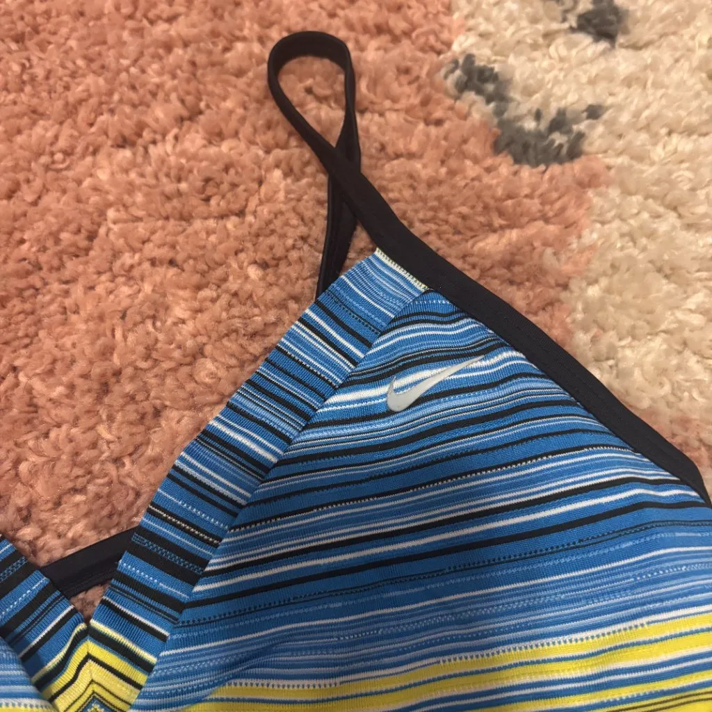 Nike Women Swimwear M/10 Blue Green Striped Tankini Cropped Swoosh Logo V Neck - Image 2