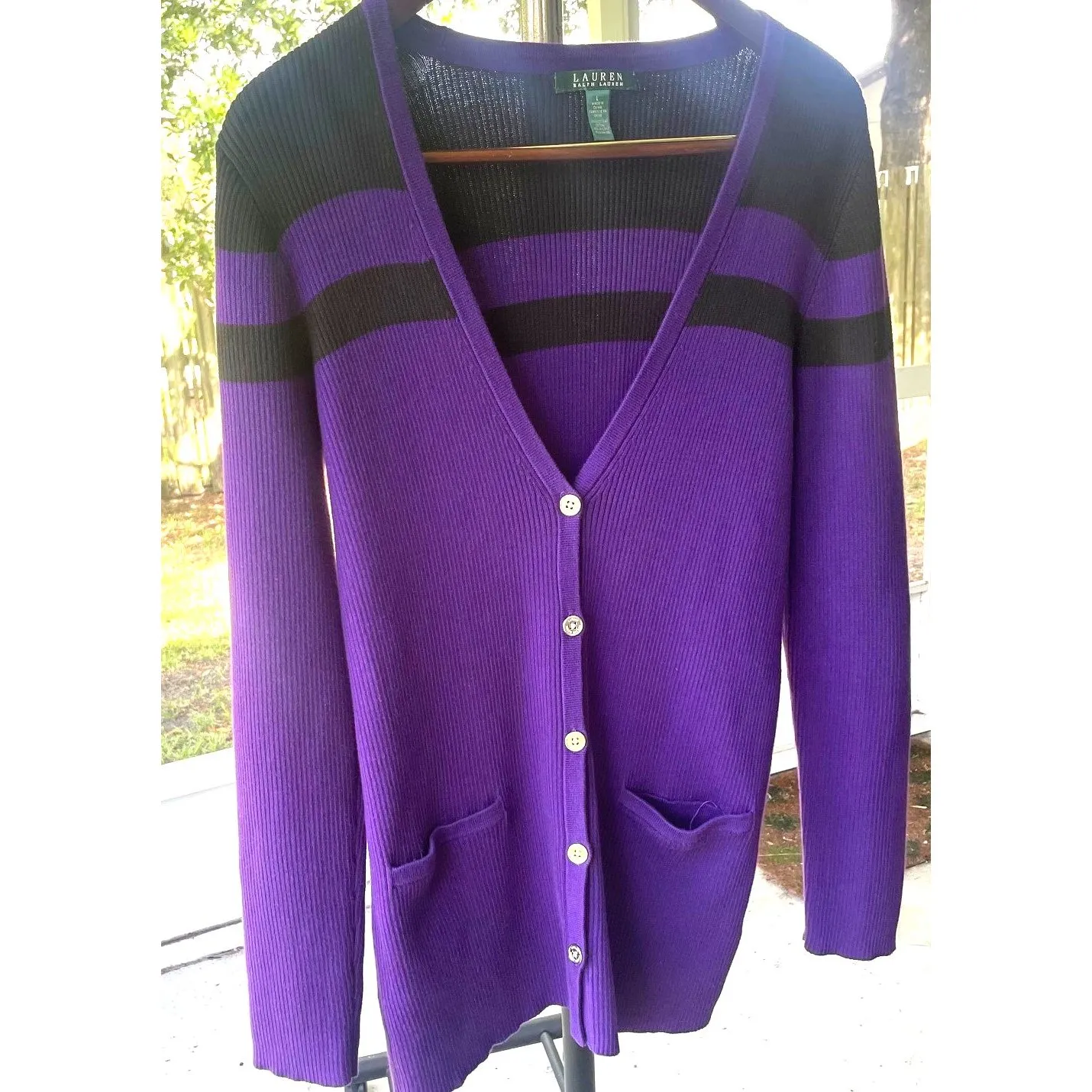 Lauren Ralph SZ LARGE  Purple & Black Cardigan Old Money Luxe - Image 2