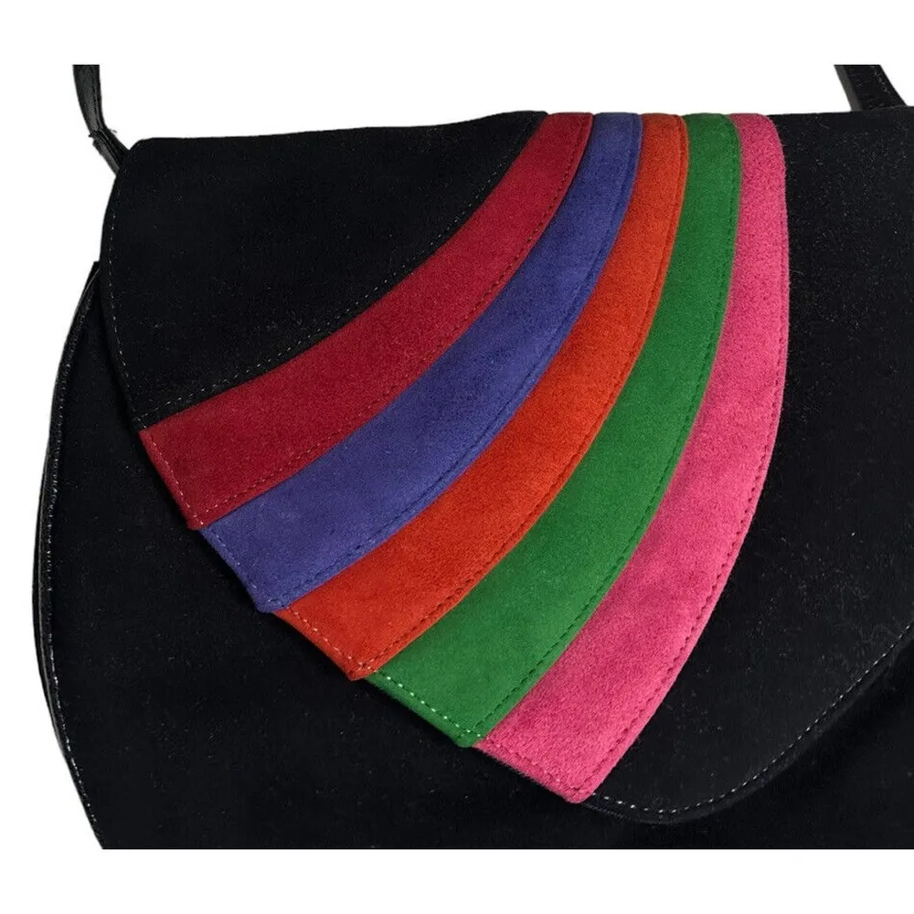 Vtg 80s 90s Black Rainbow Faux Suede Leather Flap Purse Handbag Removable Strap - Image 3