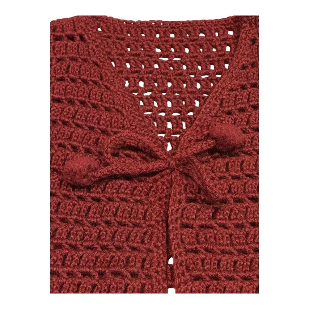 American vintage handmade crochet sleeveless wine vest, pom pom tie size small - Image 6