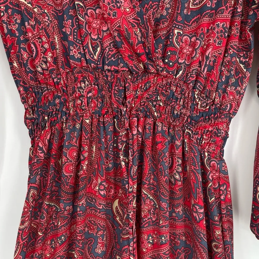 Bohme Anthropologie Long Sleeve V-Neck Paisley Bohemian Red Ruffle Midi Dress Sm - Image 2