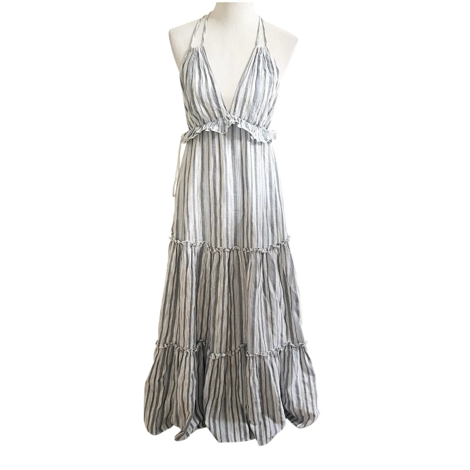 Lulus Vacay Babe Grey White Striped Halter Ruffle Maxi Dress S Bohemian Beach - Image 2