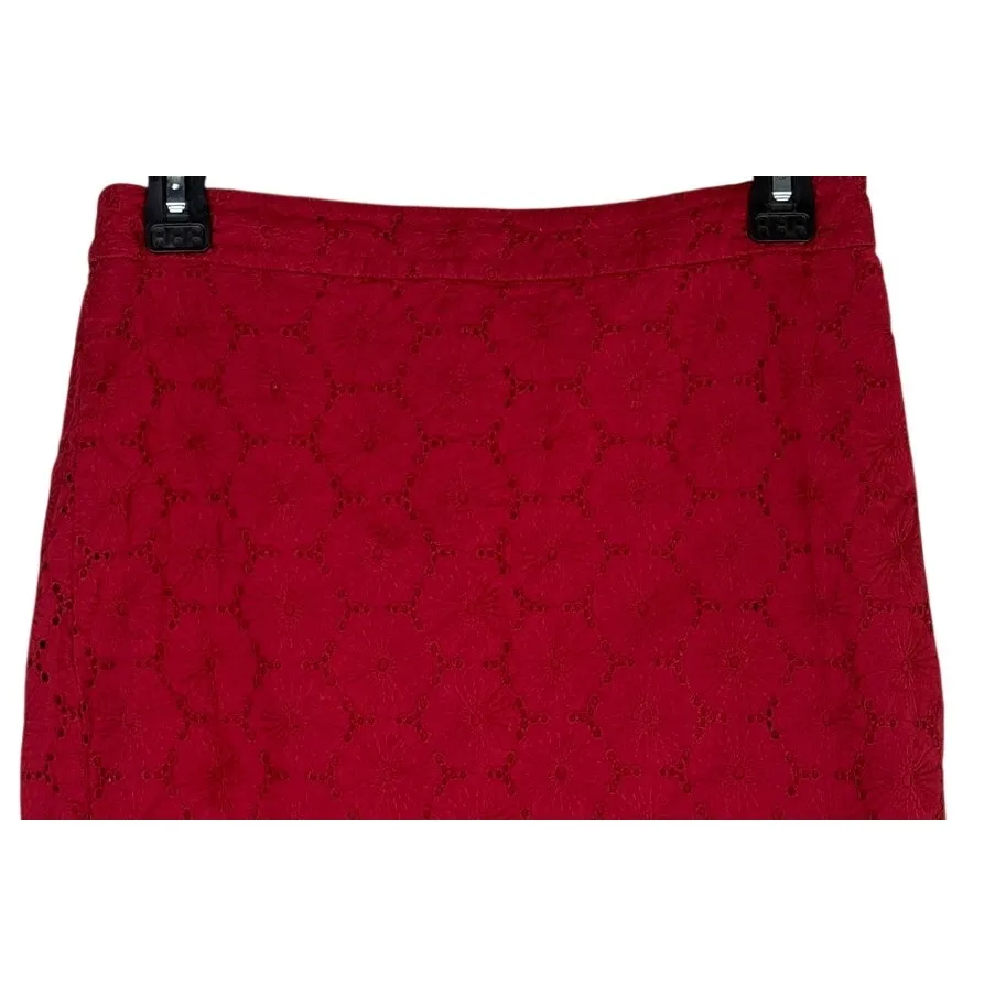 J. Crew The Pencil Mini Skirt Floral Eyelet Lace Lined Back Zip Up Slit 2 P Red - Image 2