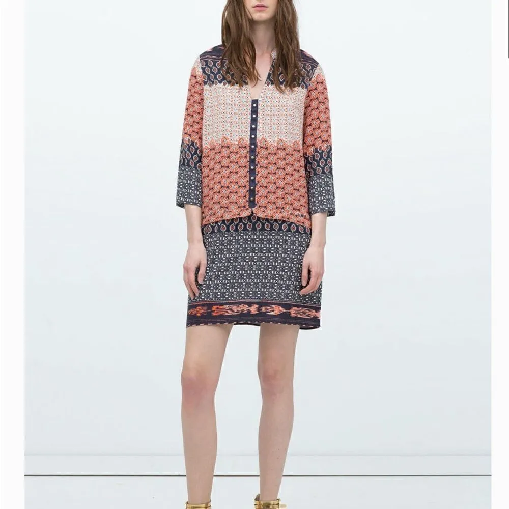 Zara Basic Moroccan Printed Blue/ orange pattern Tunic Dress Size Small - Image 2