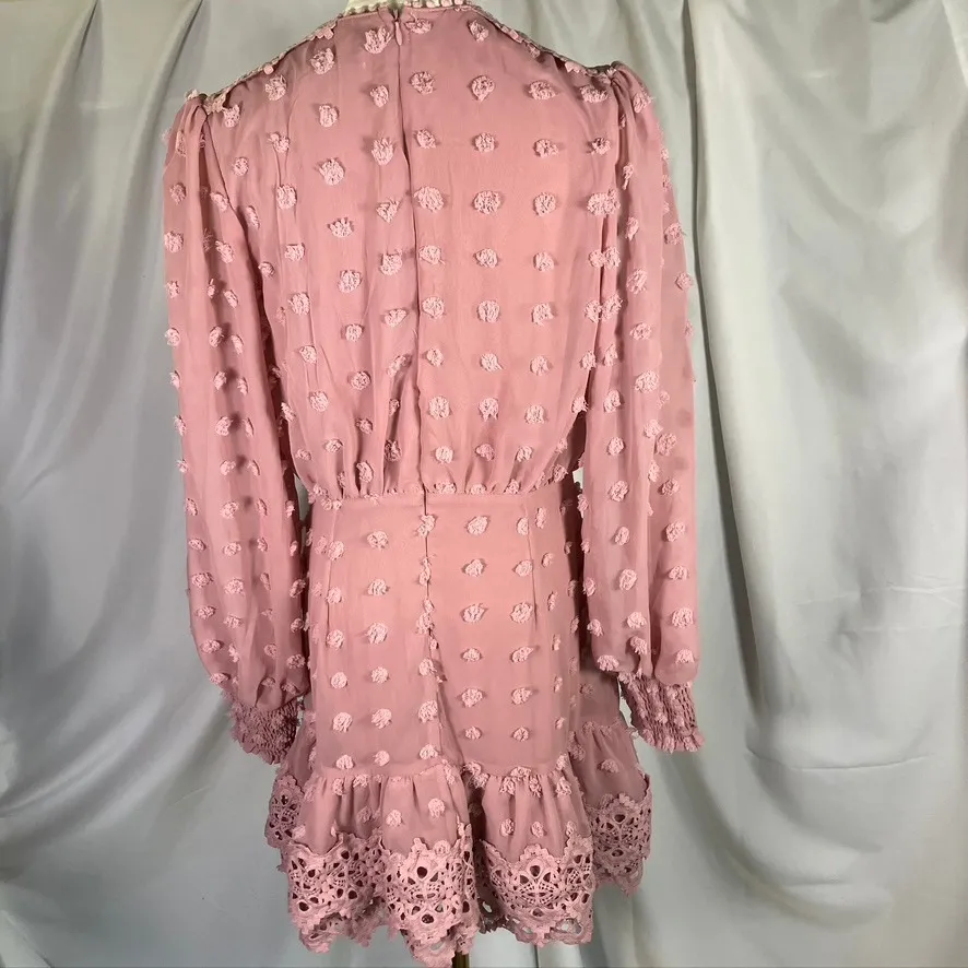 Just Me Dress Small Pink Pom Pom Swiss Dot‎ Lace Trim Long Sleeve Mini Occasion - Image 6
