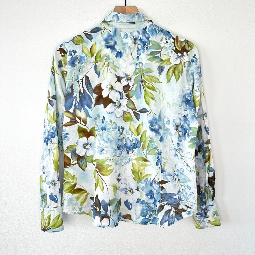 Ariat Fitted Floral Pearl Snap Shirt M 100% Cotton Blue Green White Western - Image 5
