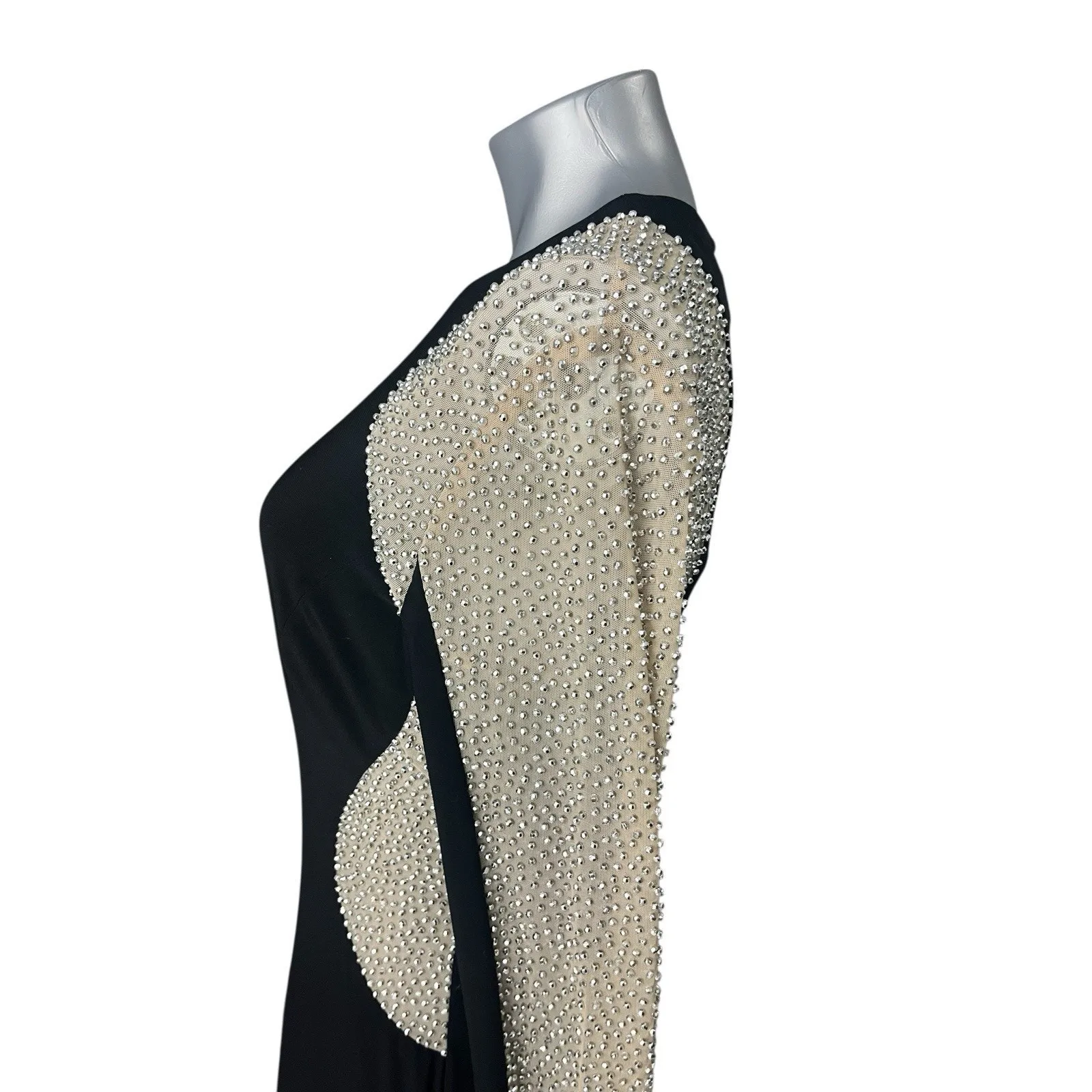 XSCAPE Black Beaded Illusion Long Sleeve Bodycon Dress Size 14 Event Prom - Image 10