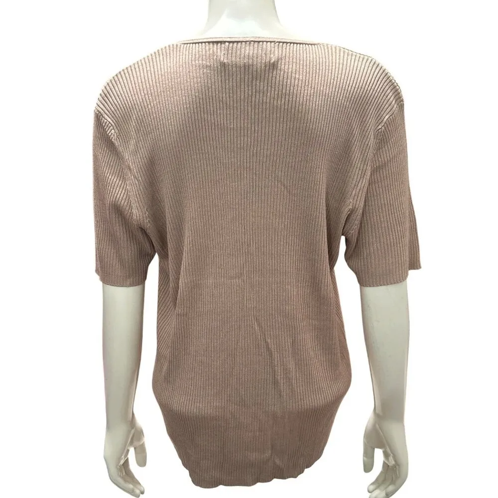 August Silk Knits Size XL Short Sleeve Taupe Ribbed 100 Percent Silk Knit Top Brown - Image 5