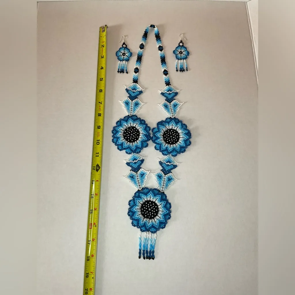 Blue,white and Black Beaded flower 🌼 Necklace and Earring Set Blue - Image 4
