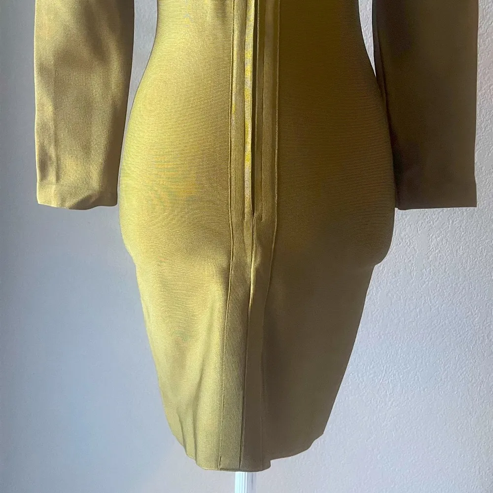 Women's Sage Green Knit Bodycon Dress Size L Long Sleeve V - Image 8