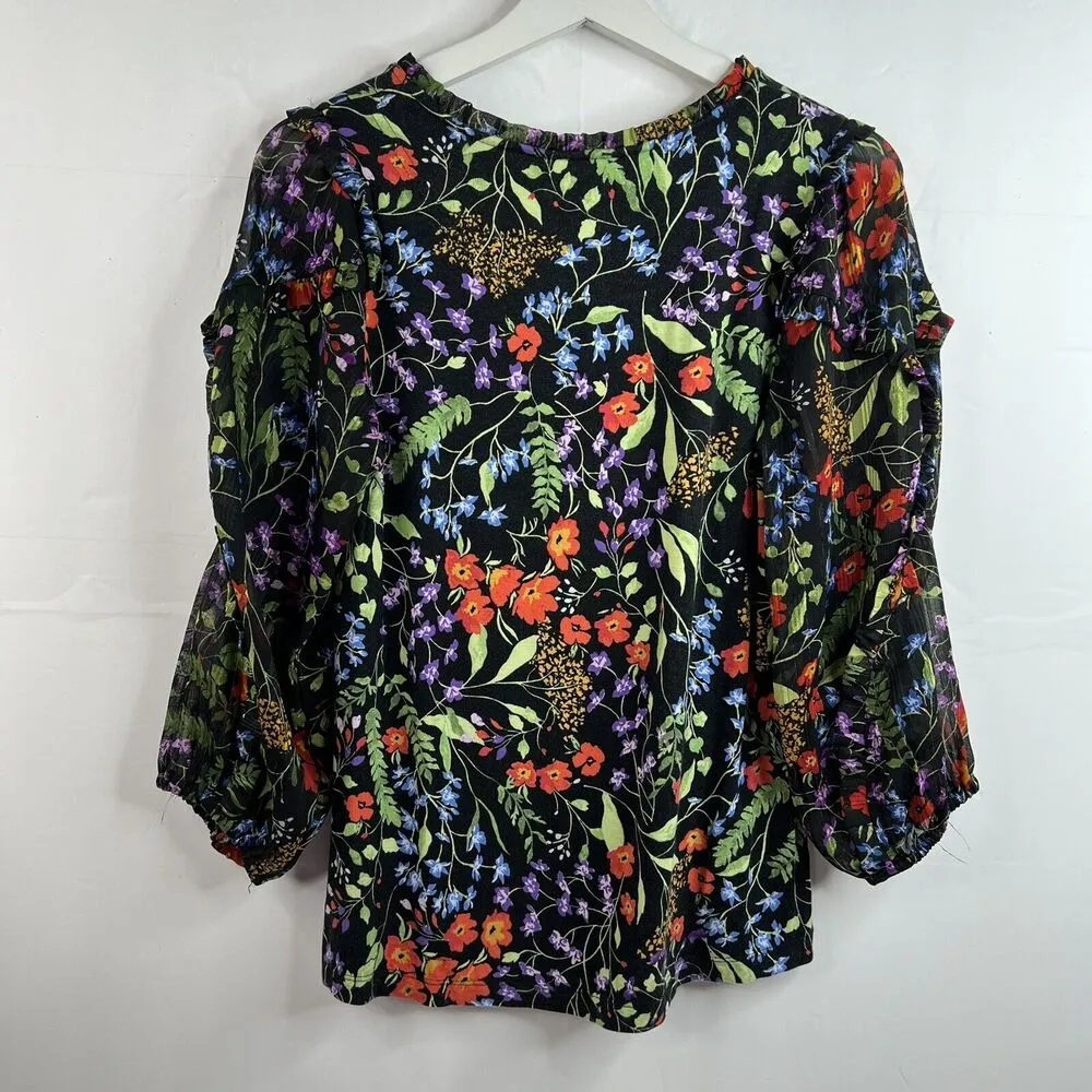 Anthropologie Maeve XS Jacquin Peasant Blouse Black Floral Ruffle Sheer Sleeve - Image 9