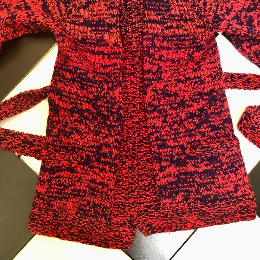 Vintage Handmade Belted Open Sweater Duster Hand Knit Red Orange Navy Crochet ~M Size M - Image 12