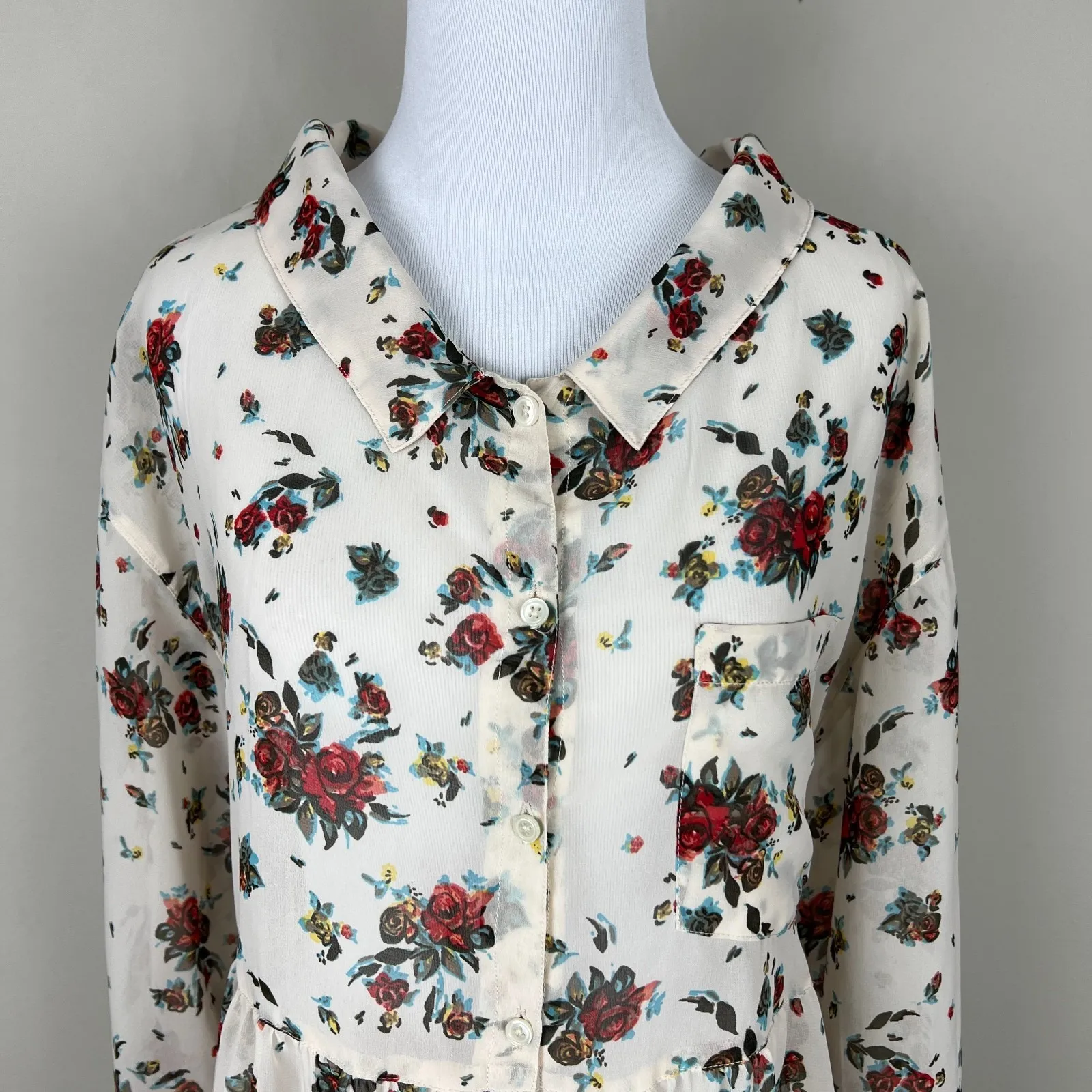 Free People Tunic Top Womens Small Drawstring Tie Back Floral‎ Sheer Bohemian S - Image 4
