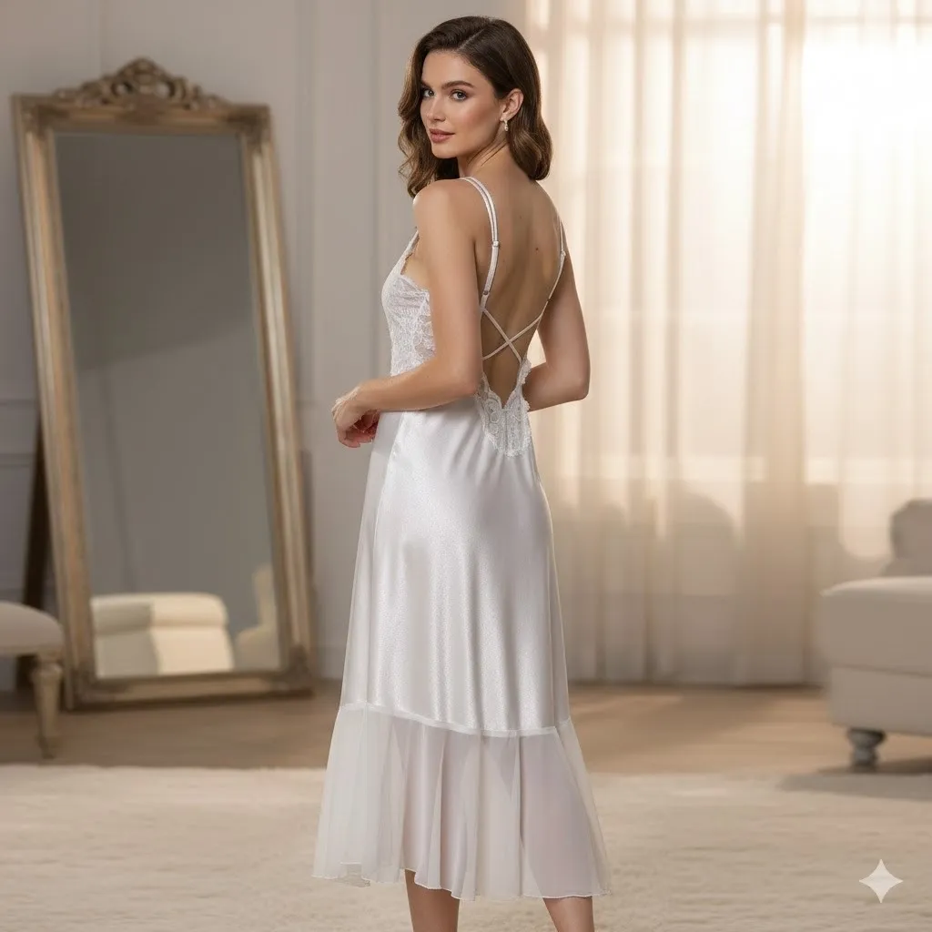 Vintage White Lace Trim Slip Dress Maxi Nightgown Small Union Made in the USA - Image 8