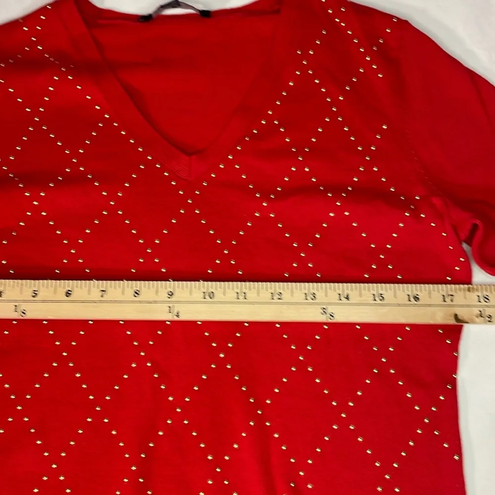 V-neck cherry red 100% cotton gold metal stud argyle long sleeve festive sweater - Image 5