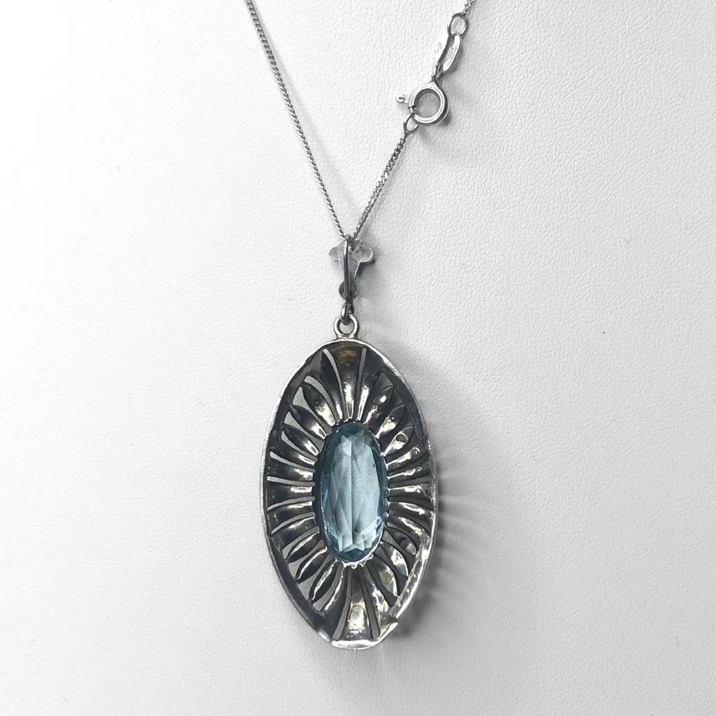 Sterling Silver Necklace with Faceted Blue Topaz and Marcasite Oval Pendant - Image 10