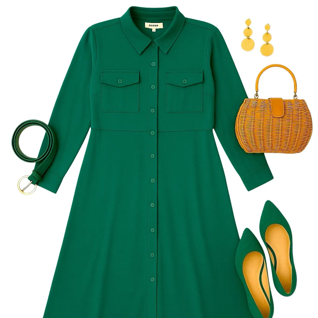 Lucky Brand Jewel Green Satin Shirt Dress XL Utility Long Sleeve Midi Pockets - Image 3