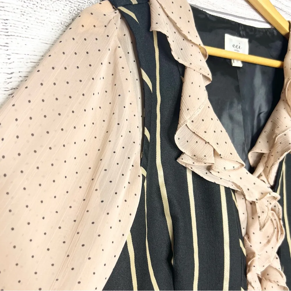 ECI Beige Polka Dot Black & Gold Striped Ruffle Blouse Vest Top Size 12 - Image 4